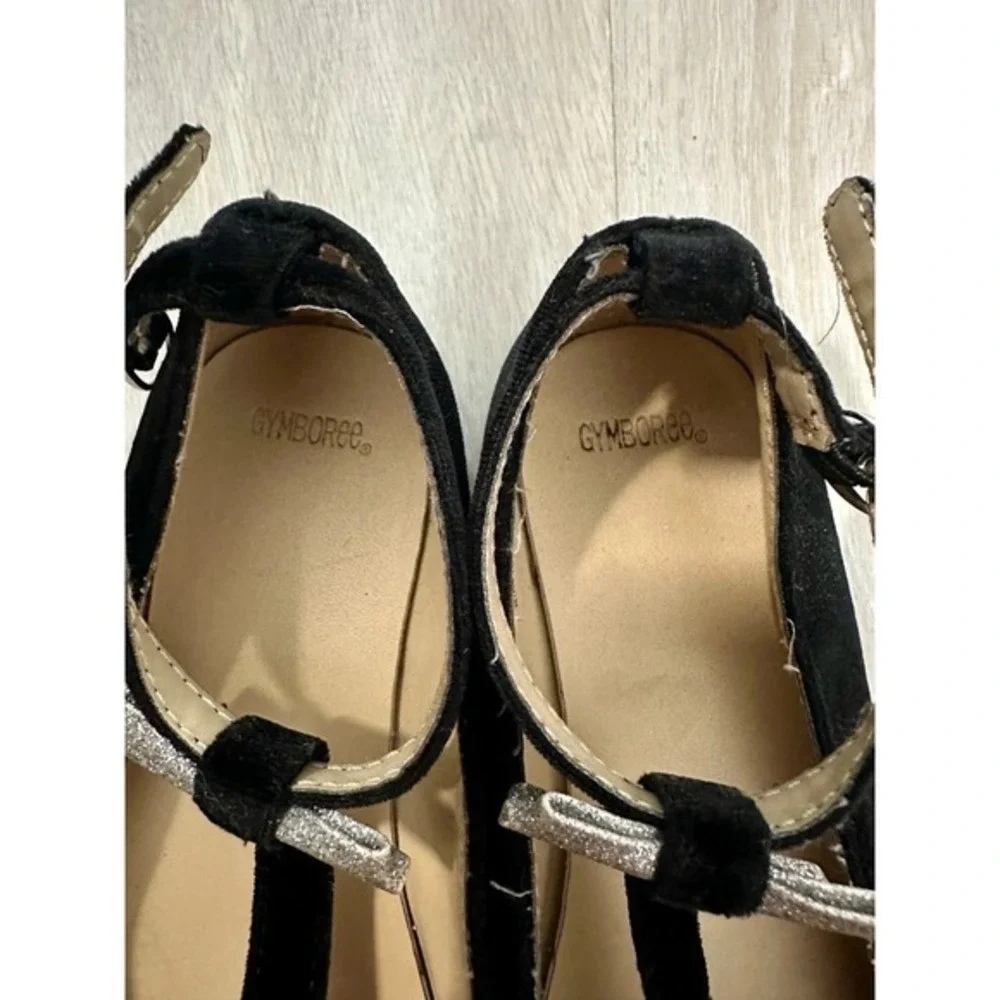 Gymboree Mary Jane Flats Girls 13 Black Good Velvet Silver‎ Glitter Bow T-Strap